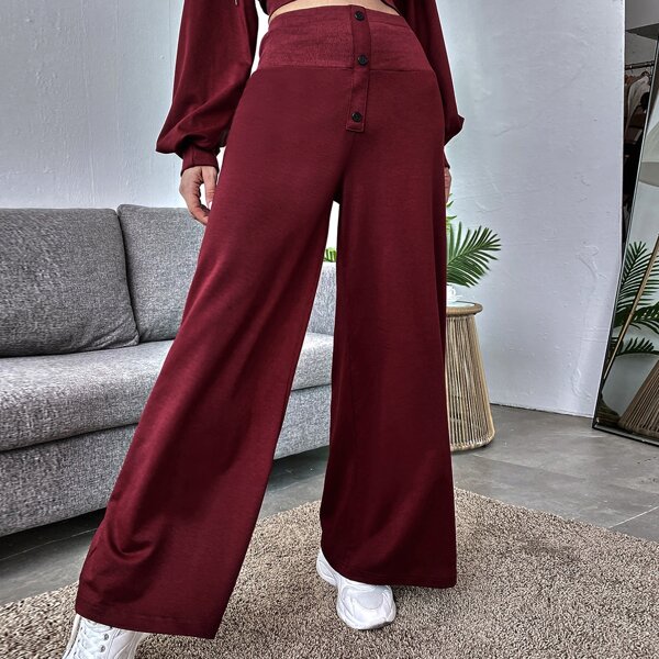 

Single Breasted Wideband Waist Palazzo Pants, Maroon