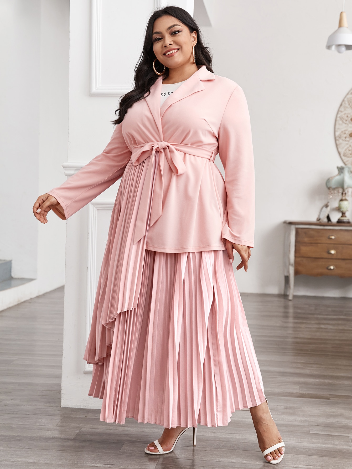 Plus Self Belted Pleated Top & Skirts Set thumbnail
