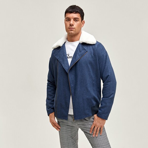 

Men Faux Shearling Trim Moto Jacket, Navy blue