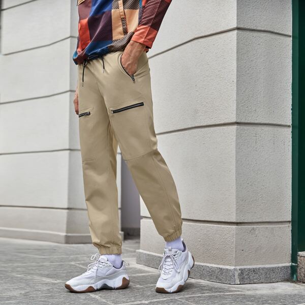 

Men Zipper Pocket Drawstring Waist Pants, Khaki