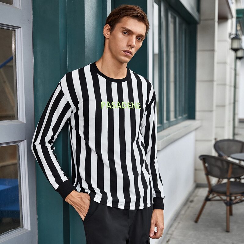 

Men Letter Embroidery Striped Tee, Black and white