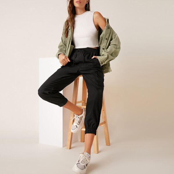 

Drawstring Waist Flap Pocket Cargo Pants, Black