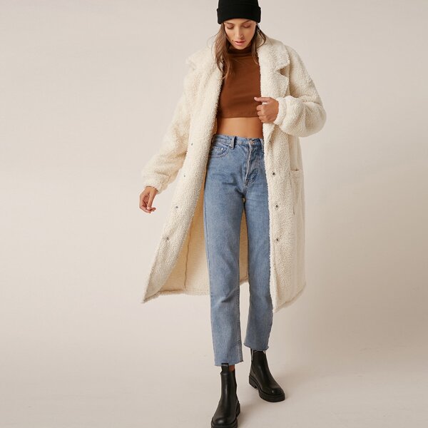 

Notch Collar Drop Shoulder Pocket Front Teddy Coat, Beige