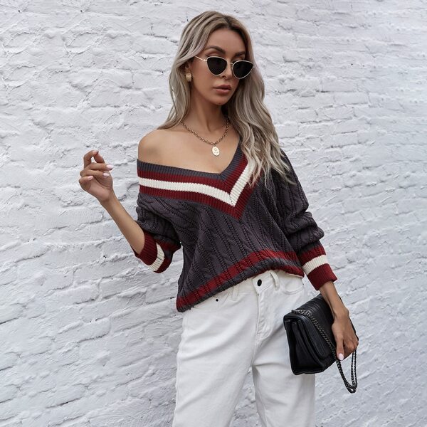 

Cable Knit Striped Sweater, Dark grey
