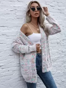 Button Front Patch Pocket Fuzzy Knit Cardigan