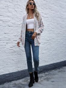 Button Front Patch Pocket Fuzzy Knit Cardigan