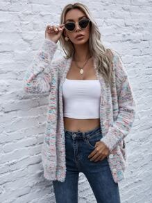 Button Front Patch Pocket Fuzzy Knit Cardigan