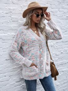 Button Front Patch Pocket Fuzzy Knit Cardigan