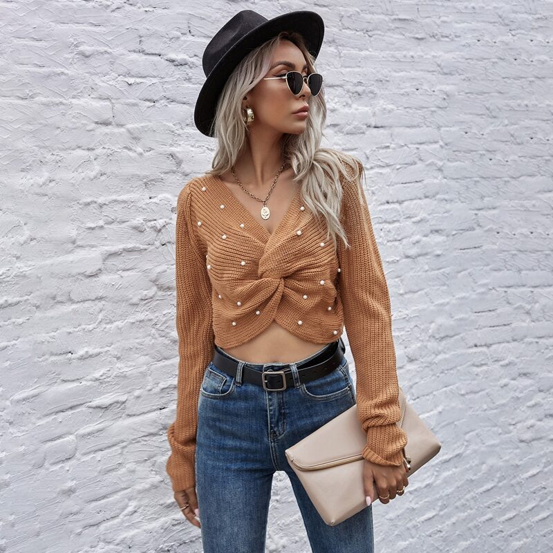 

Pearls Beaded Twist Front Sweater, Camel