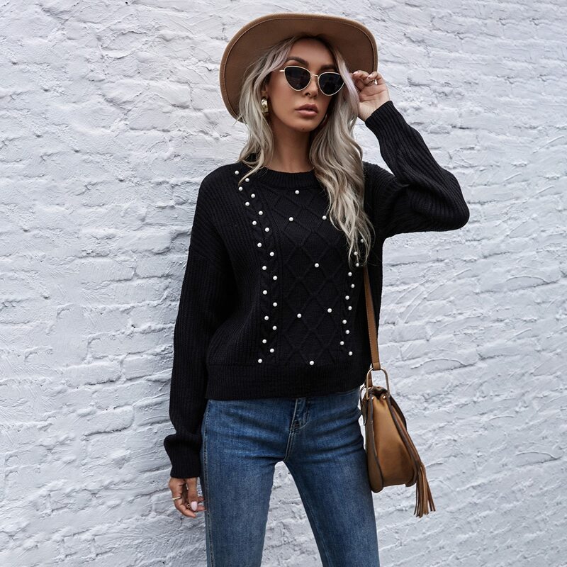 

Pearls Beaded Drop Shoulder Sweater, Black
