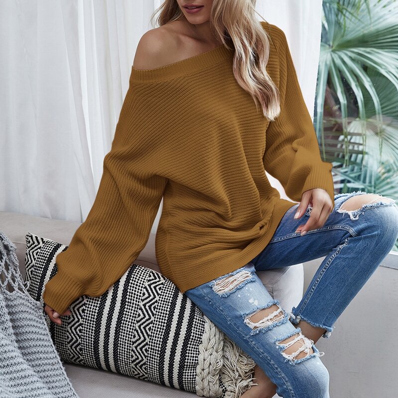 

Solid Batwing Sleeve Boat Neck Sweater, Brown