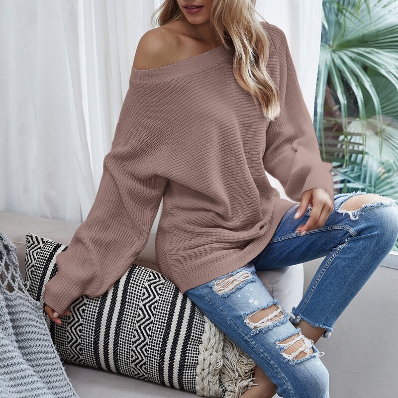 

Solid Batwing Sleeve Boat Neck Sweater, Dusty pink