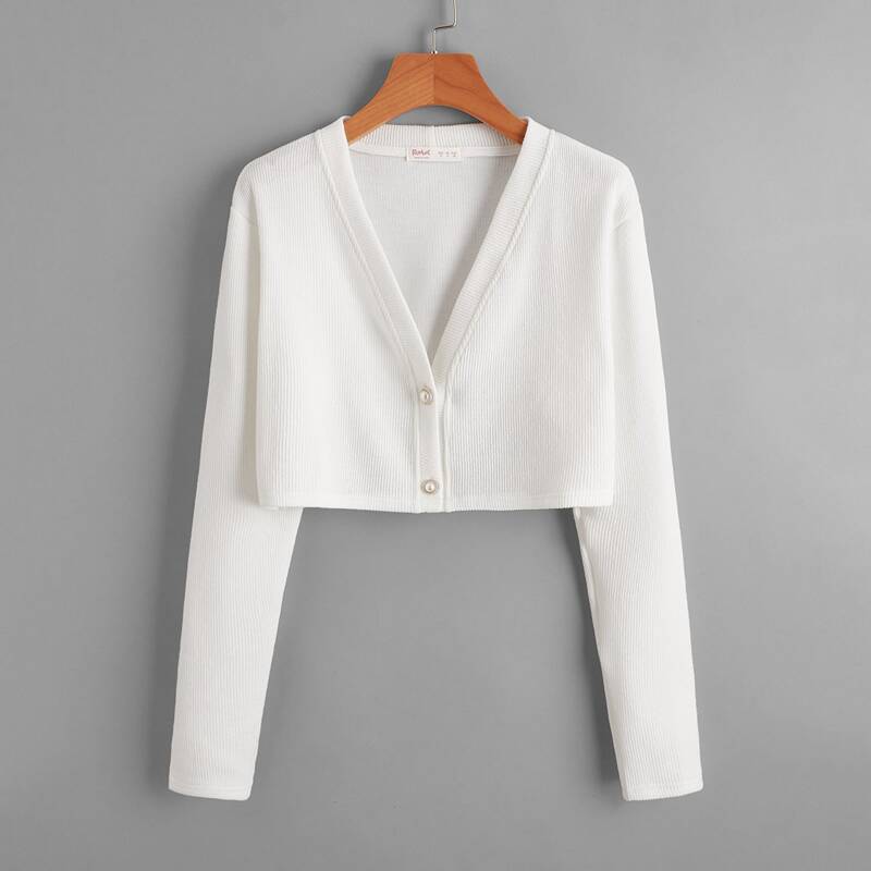 

Solid Faux Pearls Button Crop Cardigan, White