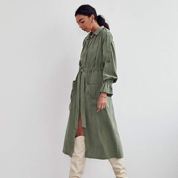 

Pocket Front Drawstring Waist Coat, Army green