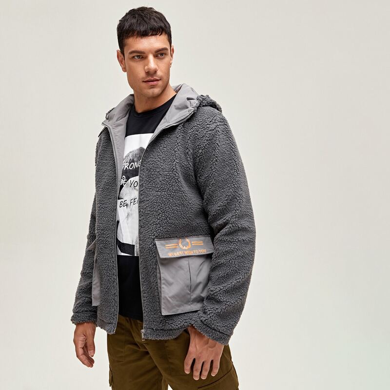 

Guys Flap Pocket Front Hooded Teddy Coat, Dark grey