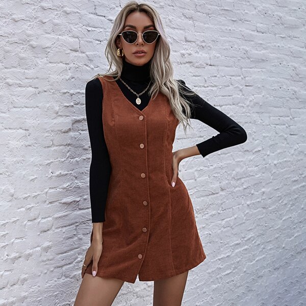 

Solid Button Through Corduroy Overall Dress, Rust brown
