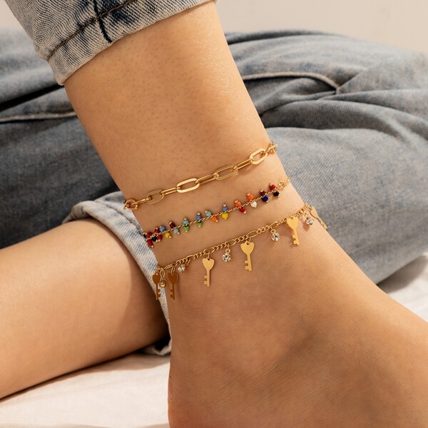 

3pcs Bead & Key Decor Anklet, Multicolor