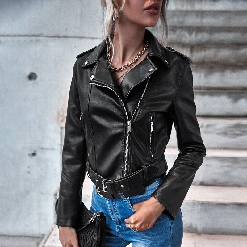 

Zip Up Crop Belted Moto Jacket, Black
