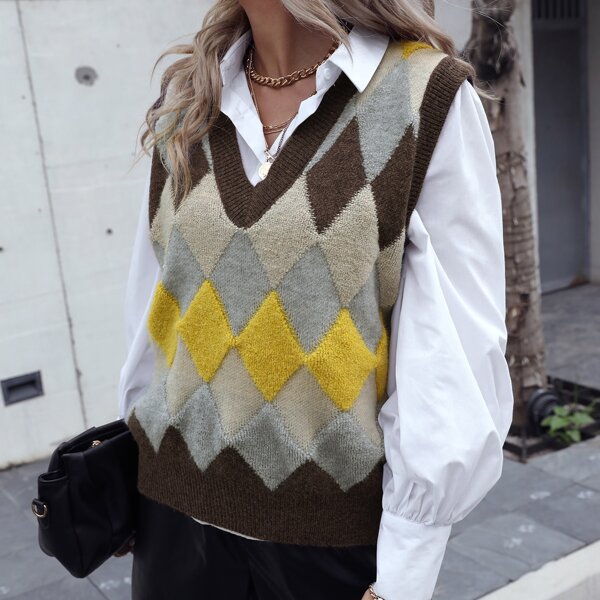 

V-neck Argyle Pattern Sweater Vest, Multicolor