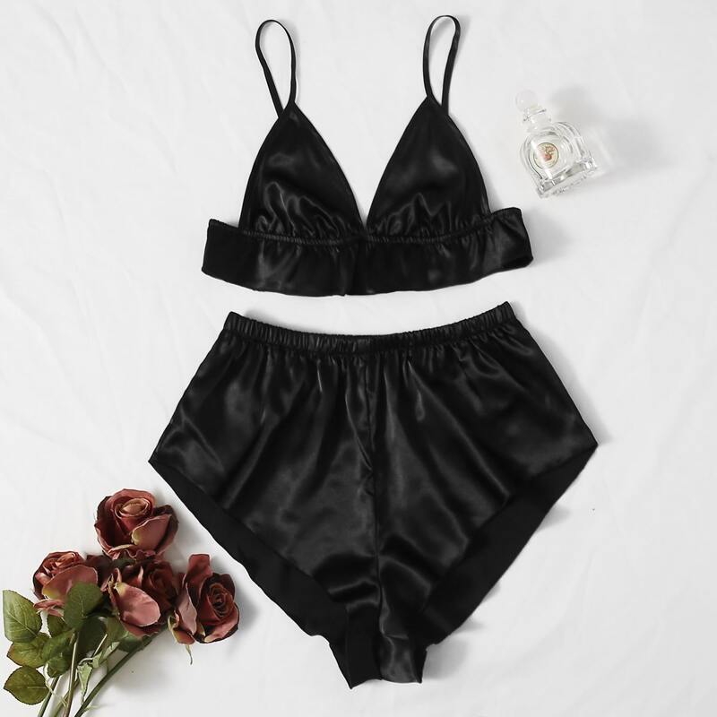 

Satin Solid Cami Night Set, Black