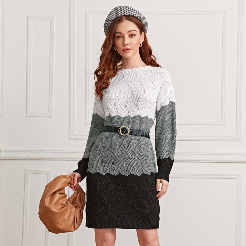 

Drop Shoulder Colorblock Pointelle Knit Sweater Dress Without Belt, Multicolor