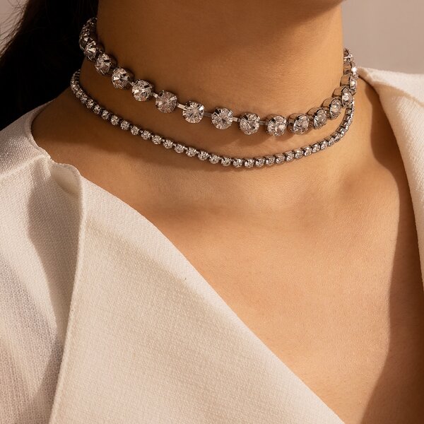 

2pcs Christmas Rhinestone Decor Necklace, Silver