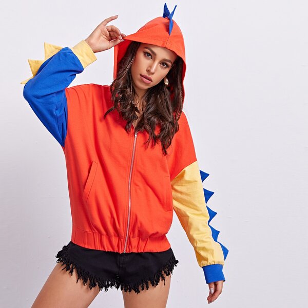 

Neon Orange Triangle Trim Colorblock Zip Up Hoodie, Orange neon
