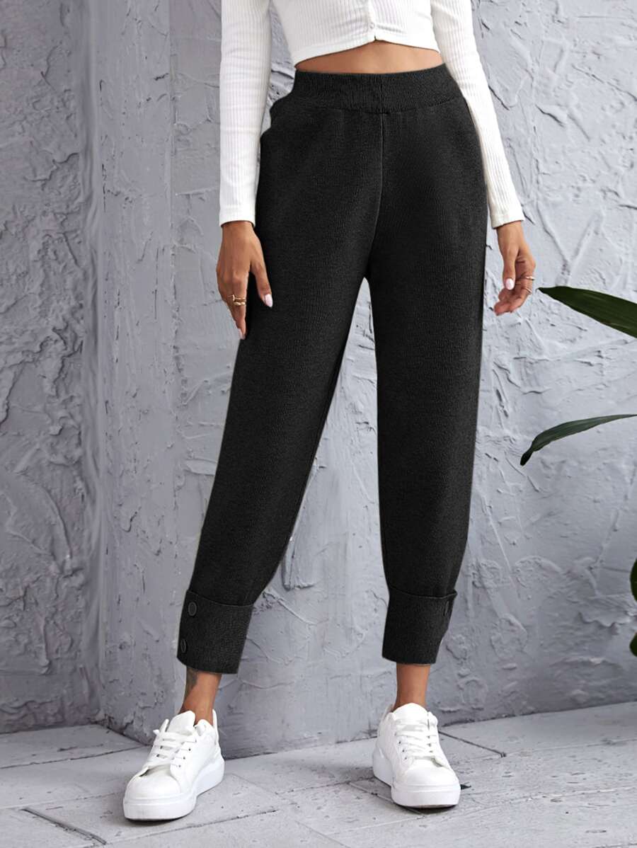 Solid High Waist Tapered Knitted Trousers - Black - View 1