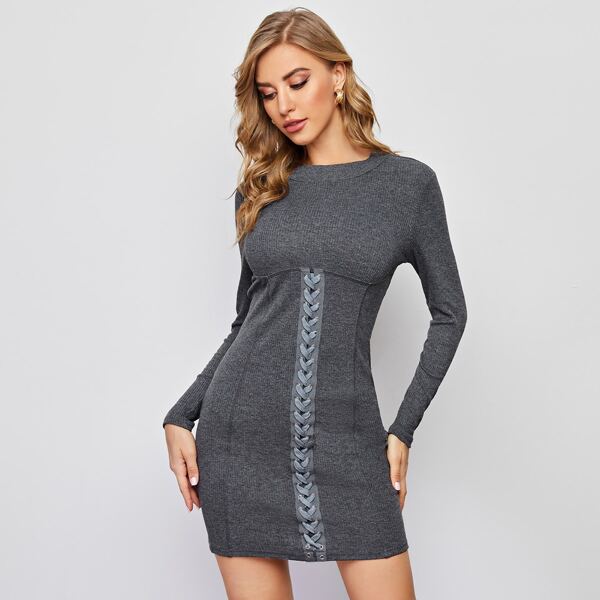 

Keyhole Back Crisscross Front Rib-knit Bodycon Dress, Dark grey