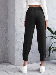 Solid High Waist Tapered Knitted Trousers - Black - View 2