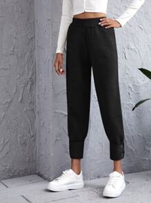Solid High Waist Tapered Knitted Trousers - Black - View 3