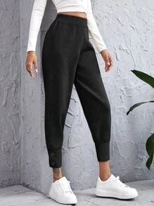 Solid High Waist Tapered Knitted Trousers - Black - View 4