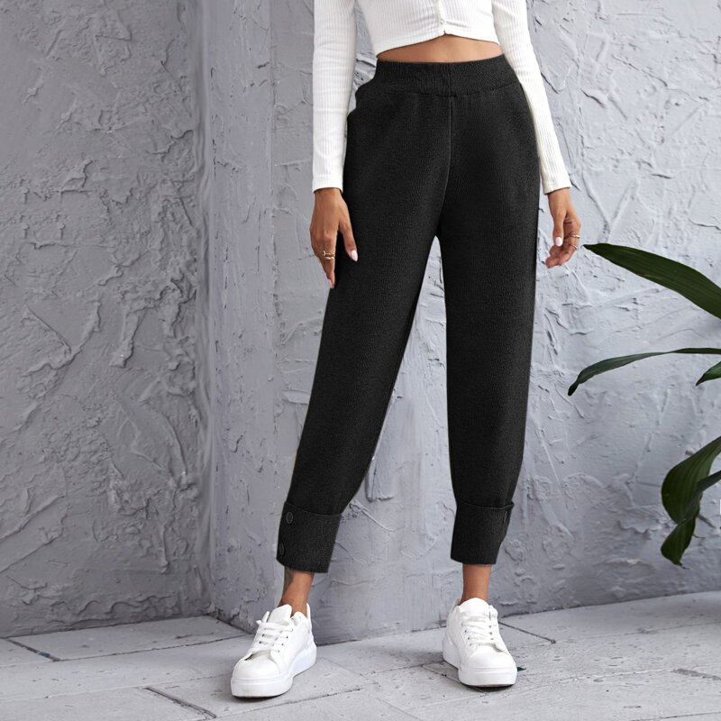 

Solid High Waist Tapered Knitted Pants, Black
