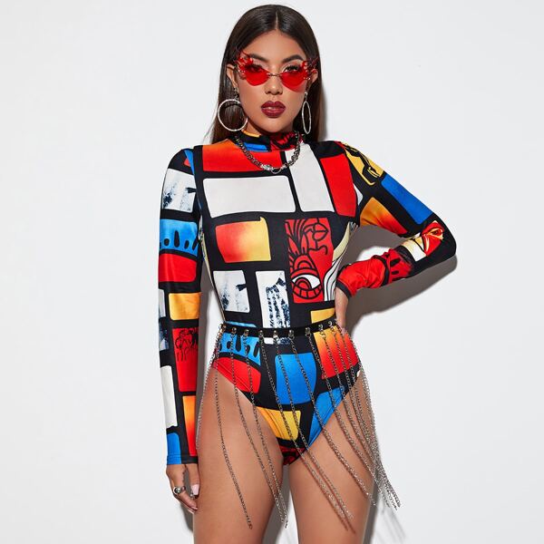 

Figure Graphic Mock Neck Bodysuit Without Belted, Multicolor