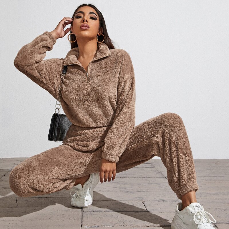 

O-ring Zipper Half Teddy Sweatshirt & Pants Set, Mocha brown