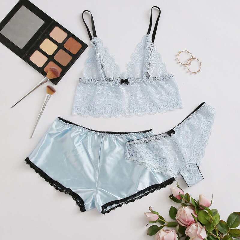 

3pack Scallop Floral Lace Lingerie Set & Satin Shorts, Pastel baby blue