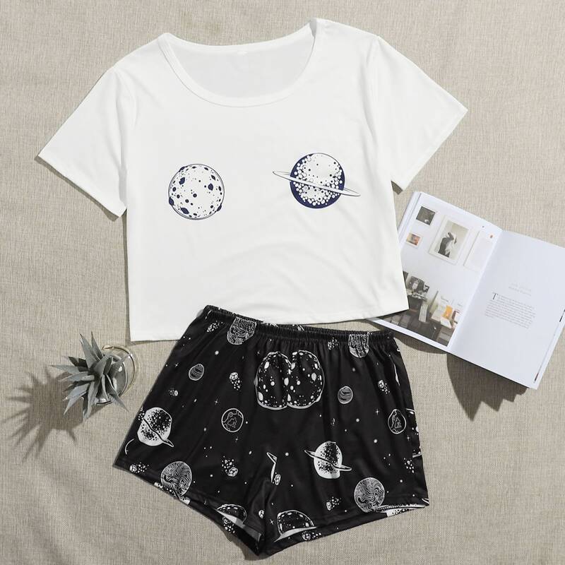

Galaxy Print PJ Set, Black and white