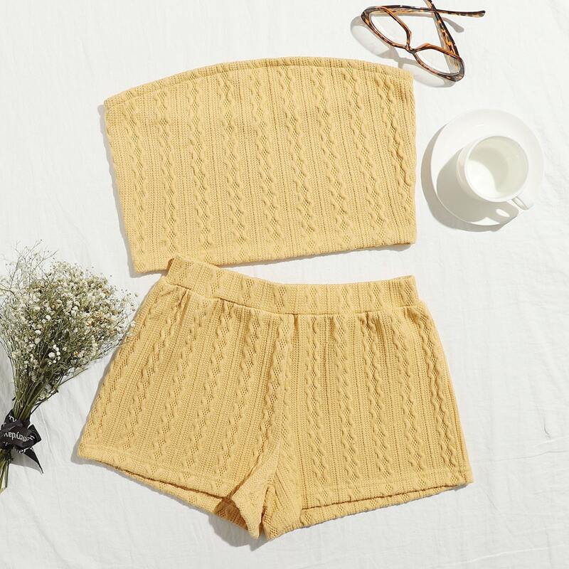 

Cable Knit Tube Top & Knit Shorts PJ Set, Yellow