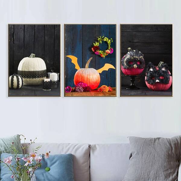 

3pcs Halloween Pumpkin Print Wall Painting Without Frame, Multicolor