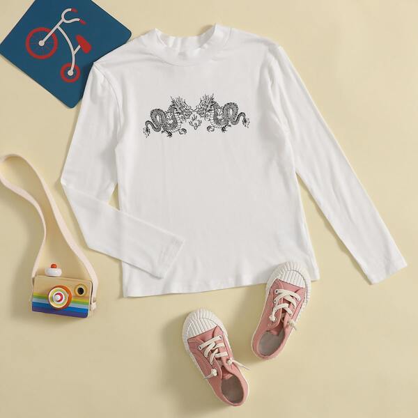 

Girls Double Chinese Dragon Print Tee, White