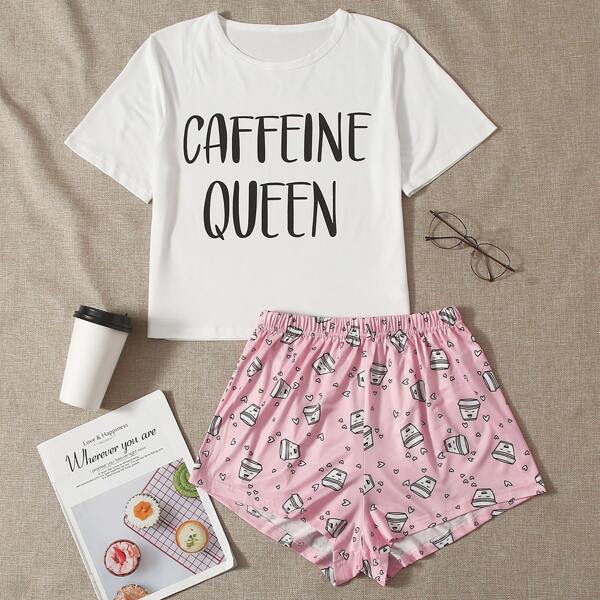 

Cartoon And Slogan Graphic Pajama Set, Multicolor