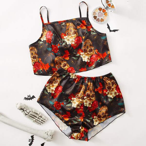 

Skull And Flower Print Cami Pajama Set, Multicolor