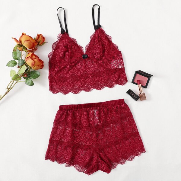 

Bow Detail Lace Cami Top & Shorts PJ Set, Burgundy