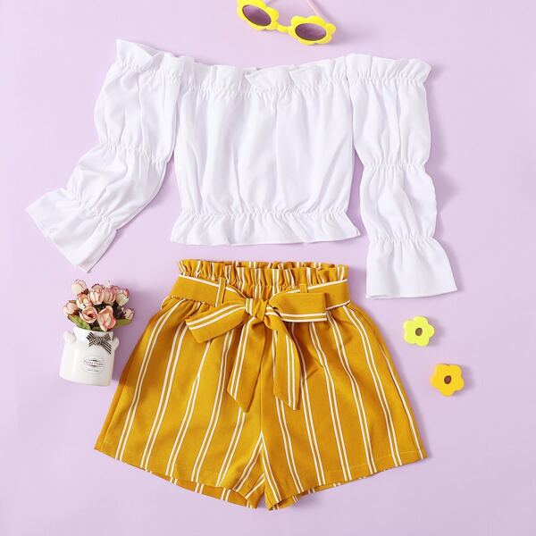 

Toddler Girls Ruffle Trim Bardot Blouse & Striped Belted Paper Bag Waist Shorts, Multicolor