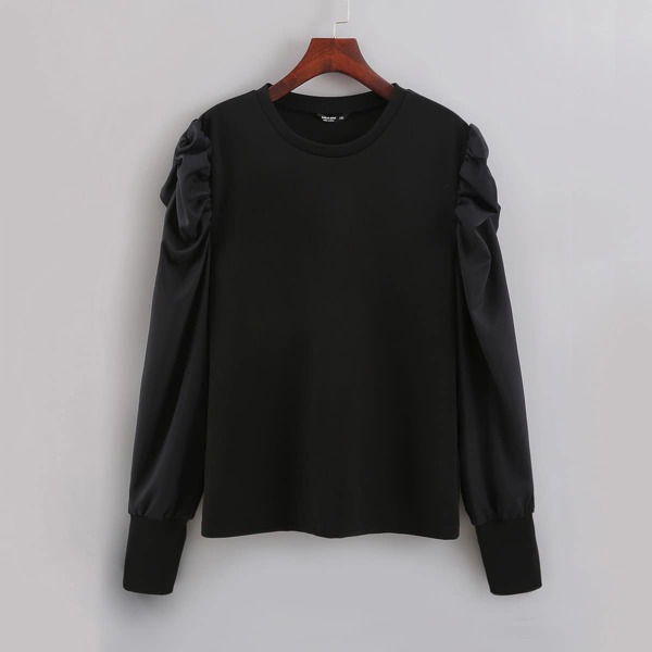 

Plus Ruched Sleeve Solid Tee, Black