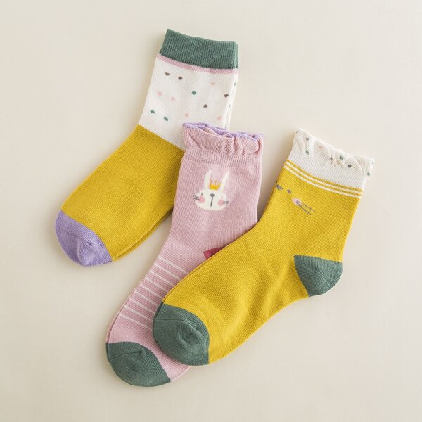 

3pairs Toddler Girls Color Block Crew Socks, Multicolor