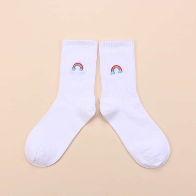 

Rainbow Embroidery Crew Socks, White