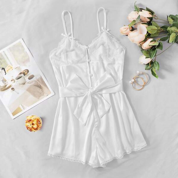 

Contrast Lace Button Front Belted Satin Cami Romper, White