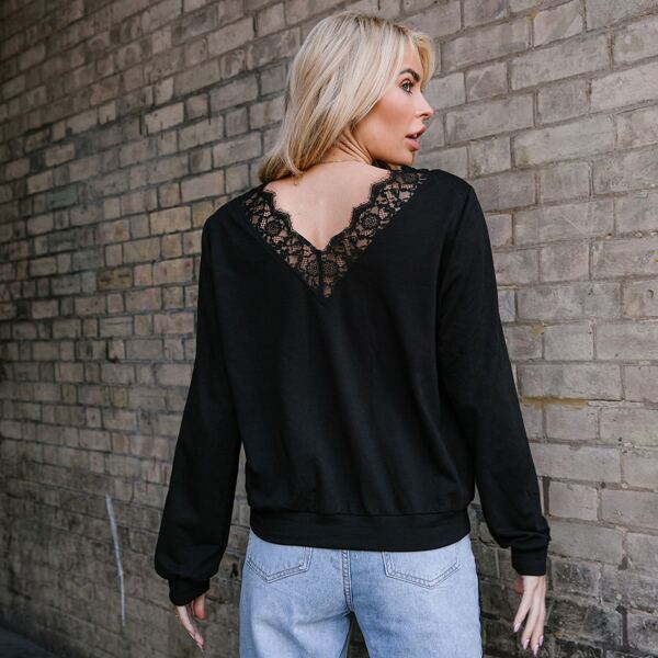 

Lace Trim Backless Solid Pullover, Black