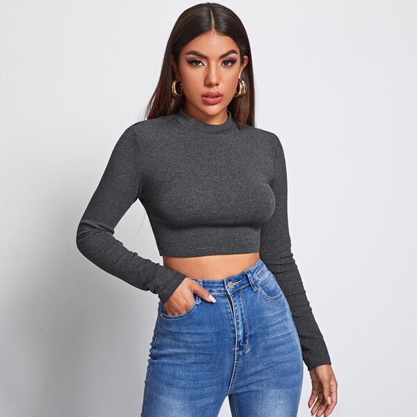 

Mock Neck Form Fitted Crop Tee, Dark grey